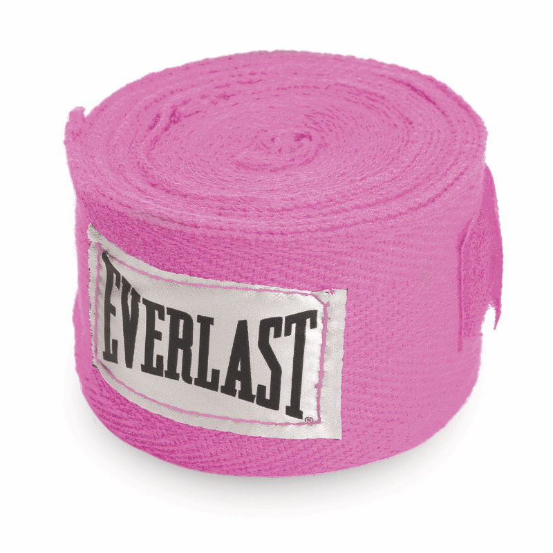 Dette er en sammenrullet handwrap fra Everlast. Handwrap er pink med everlast logo på siden.